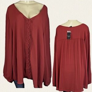 Torrid +5 Crimson Red Button Down V-Neck Pintuck Detail Flowy Long Sleeve Blouse